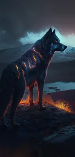 Glowing wolf standing on rocky terrain under a starry night sky.