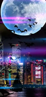 Moonlit city skyline with vibrant lights and birds in flight.