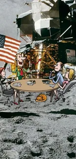 Cartoon dinner scene on the moon with lunar module backdrop.