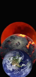 Lunar eclipse with red moon against a dark sky with stars.