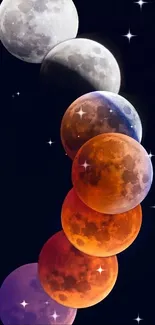 Vivid lunar eclipse phases in colorful sequence against black background.