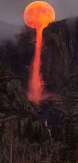 Orange moon firefall cascading down a mountainous landscape at dusk.