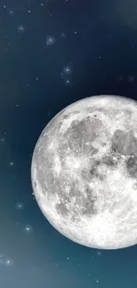 Full moon against a dark blue night sky with subtle colorful clouds.