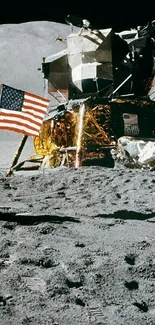 Historic lunar landing with module and flag on moon surface.