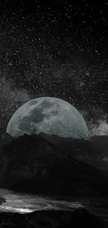 Starry sky with moon over mountains wallpaper.