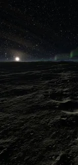 Lunar landscape with starry night sky and aurora borealis.