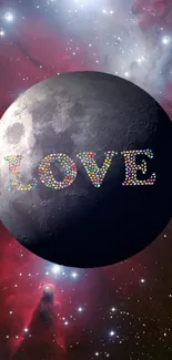 Moon with 'LOVE' in a cosmic galaxy background.