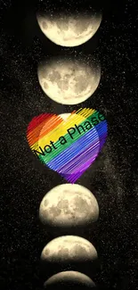 Lunar phases with a rainbow heart on a starry black background.
