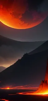 Fiery landscape with red moon and glowing lava flows on a dark mountain background.