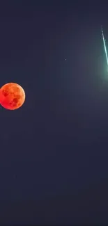 Red moon and meteor in a navy sky mobile wallpaper.