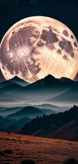 A full moon rising over mountain peaks under a serene, starry night sky ambiance.