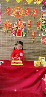 Vibrant Lunar New Year celebration with traditional Vietnamese decorations and a child.