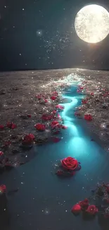 Fantasy wallpaper with glowing moon over a rose-lined path.