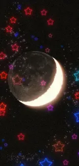 Crescent moon with colorful stars wallpaper.