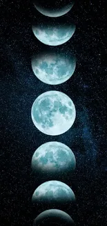 Lunar phases on a dark blue galaxy background.