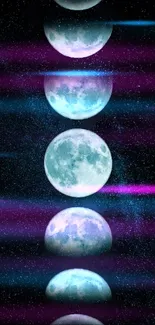 Purple galaxy wallpaper with lunar phases and cosmic background.