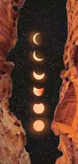 Moon phases aligned in a rocky canyon under a starry night sky.