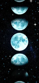 Moon phases in blue galaxy wallpaper with starry background.