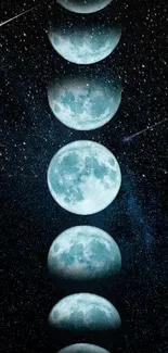 Lunar phases displayed in the night sky with stars on a phone wallpaper.