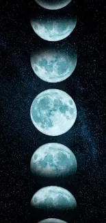 Depiction of moons in lunar phases against a starry dark blue sky.