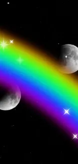 Wallpaper with moon phases and a vibrant rainbow on a black background.