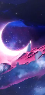 Dreamy pink and purple space scene with a crescent moon.