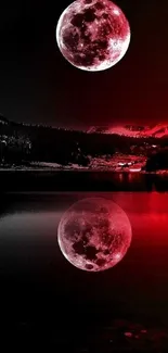 Red moon reflecting over dark mountain lake.