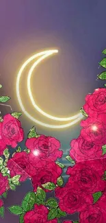 Pink roses and crescent moon wallpaper for mobile.