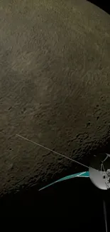 Spacecraft orbiting the dark gray surface of the moon.