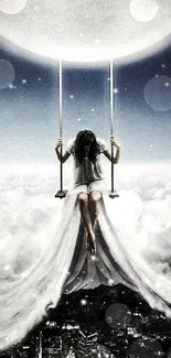 Girl on a celestial swing beneath the moon in a fantasy art scene.