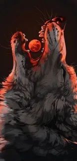 Wolf howling with a red moon in a dark, artistic wallpaper.