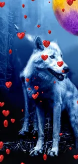 Mystical wolf with red hearts under a purple moon.