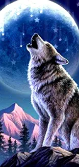 A wolf howling under a glowing full moon in a mountainous night scene.