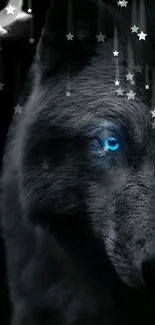 Mystical wolf with blue eye and stars under a crescent moon.