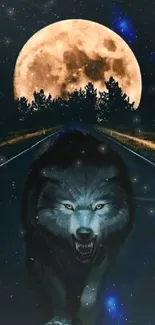 Fierce wolf on a dark road with a full moon in the background.