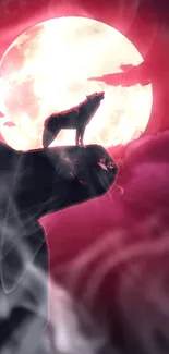 Wolf silhouette against a glowing moon in a dramatic night scene.