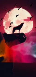 Silhouette of a wolf against a colorful sky and moon.