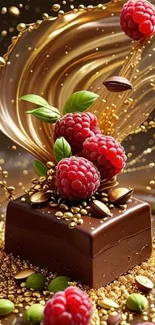 Rich chocolate with fresh raspberries garnishing.