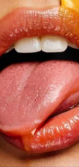 Close-up of lips with honey dripping, creating a vivid texture.