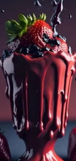 A vibrant, strawberry-topped dessert with chocolate drizzle on a red background.