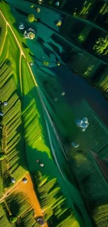 Aerial view of green landscape with fields and water.