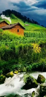 Serene green countryside with rustic houses and a flowing stream.