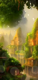 Lush fantasy cityscape with greenery and ancient structures wallpaper.