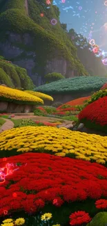 Colorful hillside floral scene with mountains and lamp post.