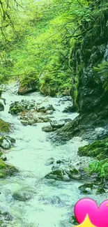 Serene forest stream with greenery and heart icon on mobile wallpaper.