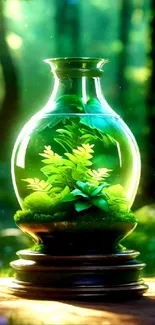 Forest terrarium in glass jar with lush green plants.