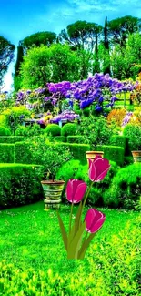 Lush garden with vibrant green and colorful flowers, ideal for mobile wallpaper.