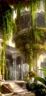 Fantasy landscape with lush greenery and vines cascading down elegant structures.