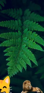 Lush green fern leaves with wildlife elements.