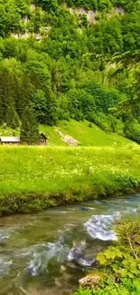 Peaceful green forest stream with rustic cottages and lush foliage.